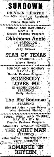 Sundown Drive-In Theatre - Clare Sentinel Ad May 1953 (newer photo)